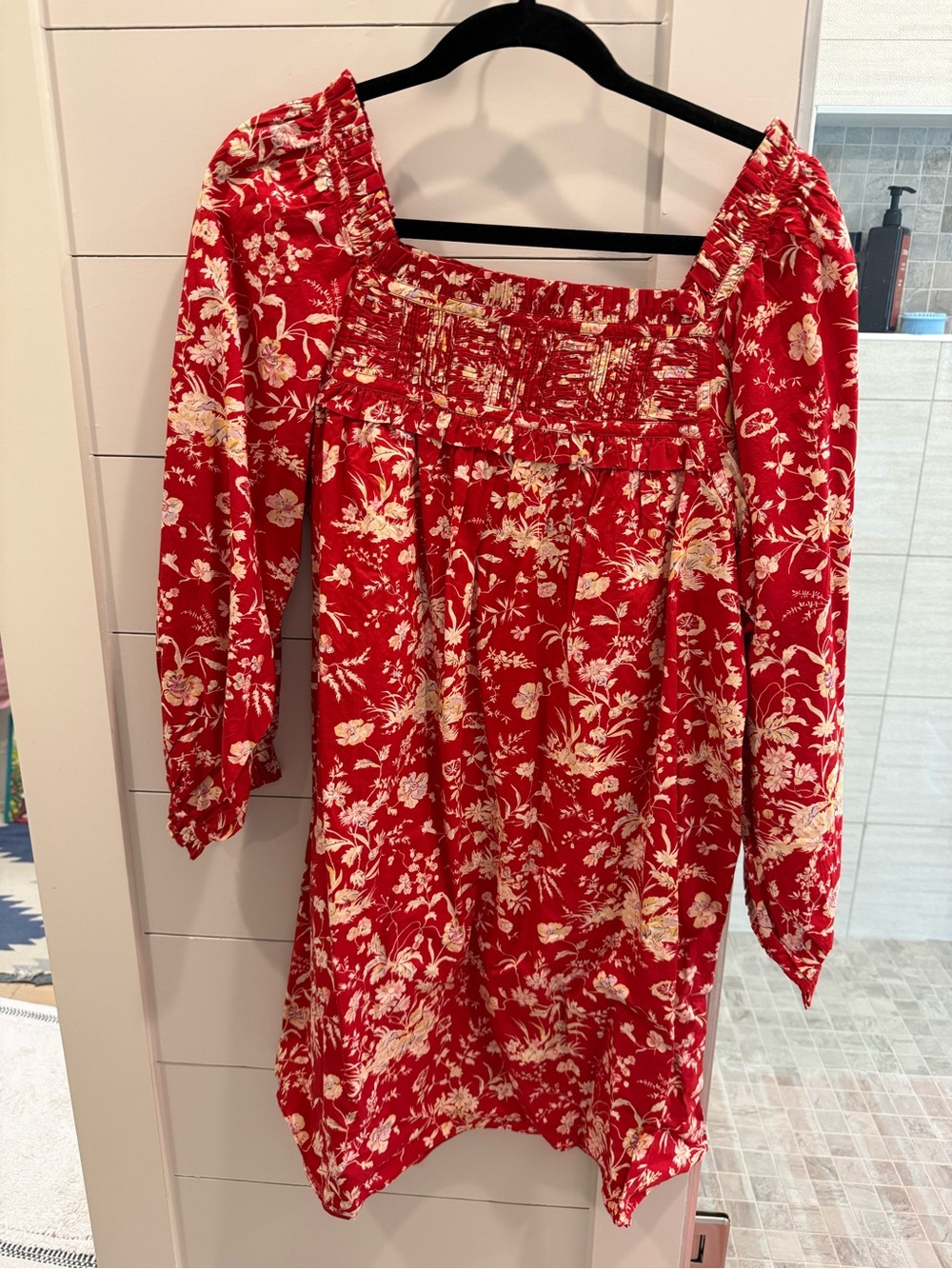 NWOT Doen Red Floral Smocked Long-Sleeve Dress